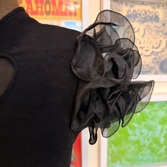 Vintage 80s Black Mini Dress w/ Heart Cutout + Puffy Organza Sleeves - Picture 4 of 7